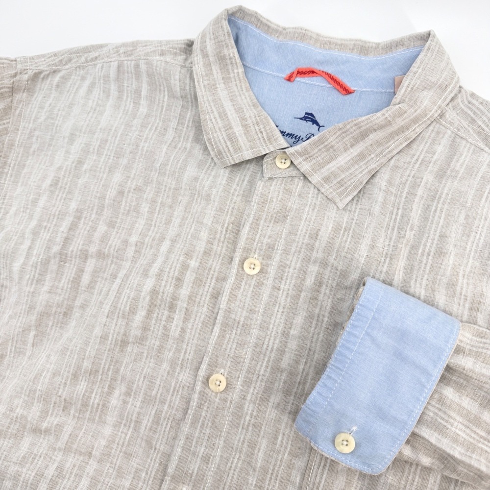 Tommy Bahama Relax Shirt Men 3XL Beige Linen Cotton Striped Long Sleeve Casual